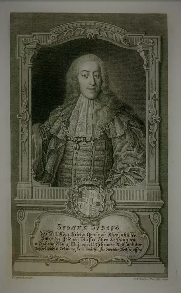 Nejvyšší hofmistr vídeňského dvora Johann Joseph kníže Khevenhüller-Metsch (* 3. 7. 1706 Vídeň,  † 18. 4. 1776 tamtéž. Rytina J. W. Windtnera podle malby Franze Lippolda (1688–1768). Österreichisches Nationalbibliothek Wien, Porträtsammlung, Sign. PORT_00011911_01.