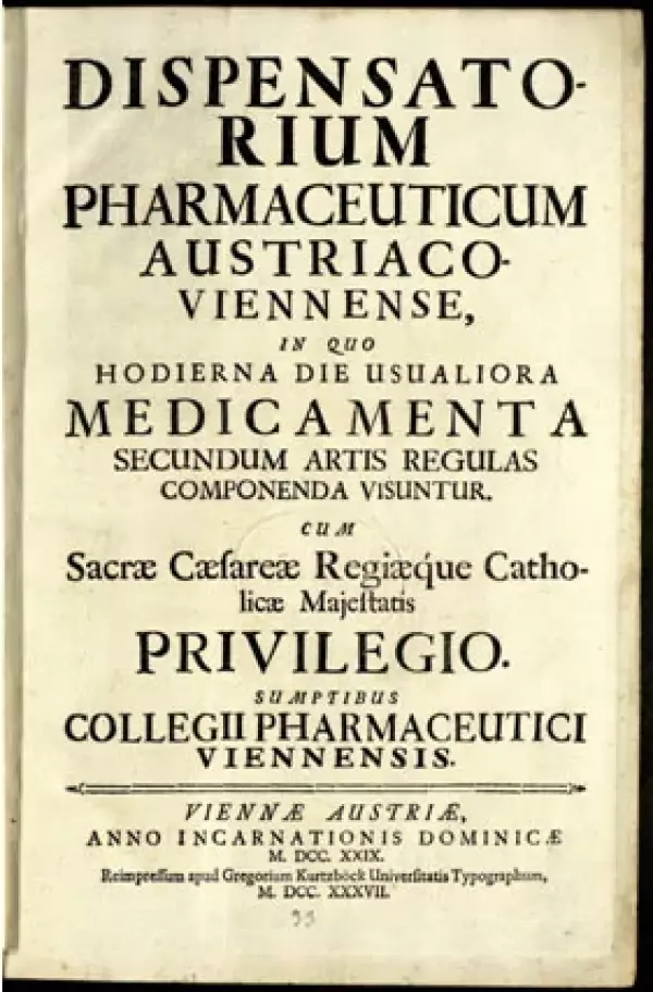 Titulní strana Rakousko-vídeňského farmaceutického dispenzáře, Vídeň 1728.