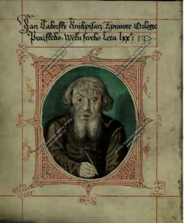 „Jan Táborský, knihpísař, správce orloje pražského, věku svého léta sedmdesátého.“ Autoportrét v rukopise Zpráva o pražském orloji (Vypsání orloje pražského) z roku 1570. Archiv hlavního města Prahy, Sbírka rukopisů, sign. 1867. 