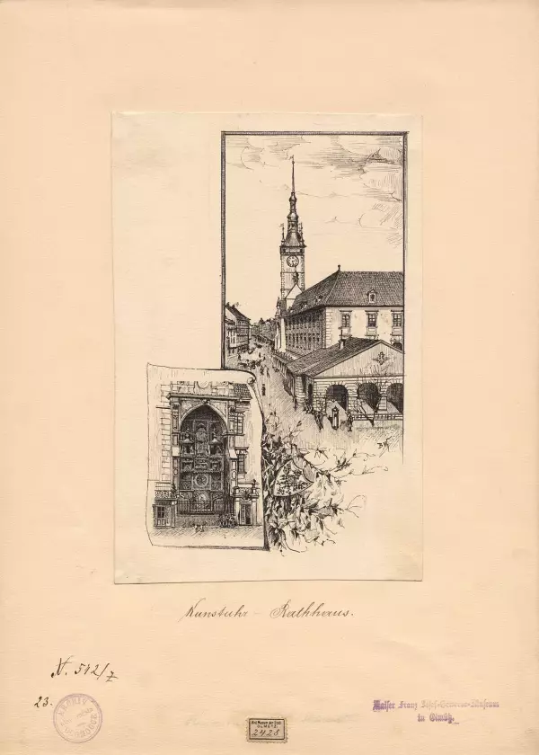 B. Wondra: Radnice s hlavní strážnicí a olomoucký orloj. – Radniční orloj a budova hlavní strážnice. Kresby z roku 1894. Státní okresní archiv v Olomouci, Archiv města Olomouce, fond N 8-34, Sbírka Sbírka obrazového materiálu a fotografií Olomouc, inv. č. 252.