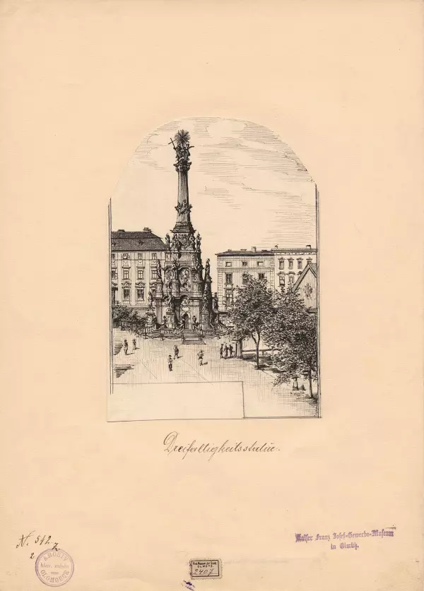 B. Wondra: Sloup Nejsvětější Trojice na Horním náměstí. Kresba z roku 1894. Státní okresní archiv v Olomouci, Archiv města Olomouce, fond N 8-34, Sbírka Sbírka obrazového materiálu a fotografií Olomouc, inv. č. 231.