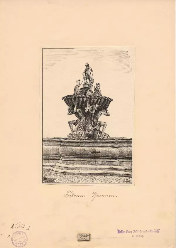 B. Wondra: Kašna Tritonů. Kresba z roku 1894. Státní okresní archiv v Olomouci, Archiv města Olomouce, fond N 8-34, Sbírka Sbírka obrazového materiálu a fotografií Olomouc, inv. č. 237.