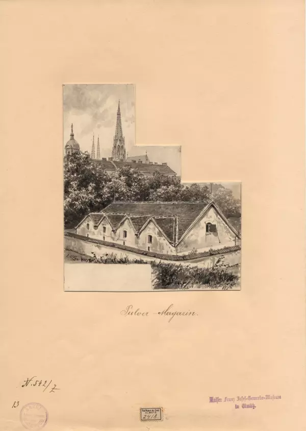 Ladislav Eugen Petrovits (1839–1907): Prachárna v Michalském výpadu. Lavírovaná kresba z roku 1894. Státní archiv v Olomouci, Archiv města Olomouce, fond M 8-34, inv. č. 242.