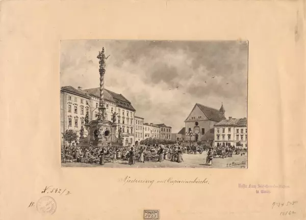 Ladislav Eugen Petrovits (1839–1907): Dolní náměstí s kapucínským kostelem. Lavírovaná kresba z roku 1894. Státní archiv v Olomouci, Archiv města Olomouce, fond M 8-34, inv. č. 245.