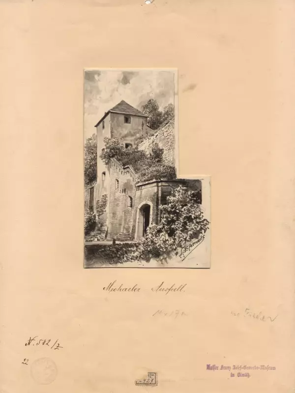 Ladislav Eugen Petrovits (1839–1907): Michalský výpad. Lavírovaná kresba z roku 1894. Státní archiv v Olomouci, Archiv města Olomouce, fond M 8-34, inv. č. 251.