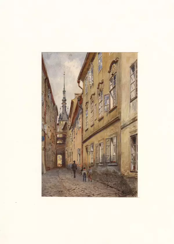 Ladislav Eugen Petrovits (1839–1907): Pohled do Vodní ulice (nyní Mlýnská ulice). Lavírovaná kresba z roku 1894. Státní archiv v Olomouci, Archiv města Olomouce, fond M 8-34, inv. č. 862.