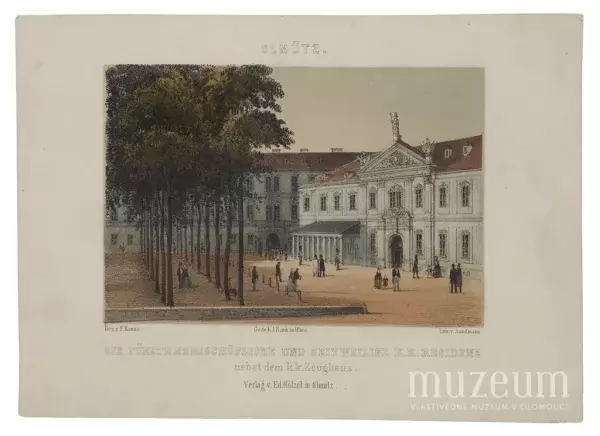 Album von Olmütz. – Olmütz. Die fürsterzbischofliche und zeitweilige k. k. Residenz nebst dem k. k. Zeughaus. (Knížecí arcibiskupská a dočasná císařsko-královská rezidence vedle c. k. zbrojnice.) Po 14. 10. 1848 – před 5. 5. 1849, kolorovaná litografie, kreslil Felix Philipp Kanitz (1829–1904), litografoval Franz Xaver Josef Sandmann (1805–1856), vytiskl Johann Rauh (1803–1863), Vídeň, vydal Eduard Hölzel (1817–1885), Olomouc. Rozměry: 13,7 × 9,3 cm. Vlastivědné muzeum v Olomouci, inv. č. O 2009.