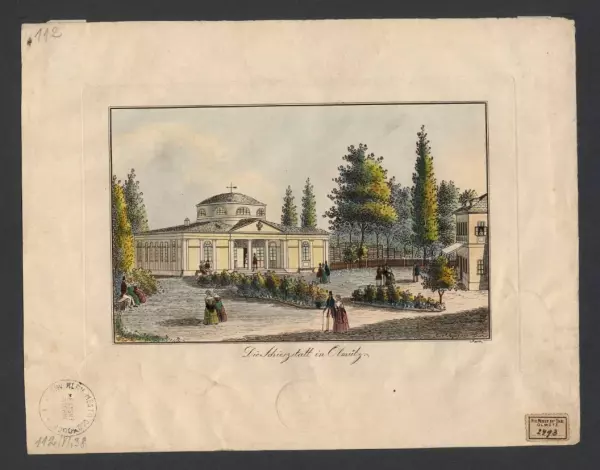 Johann Vinzenz Reim (1796–1858): Měšťanská střelnice v Olomouci. Kolorovaný lept datovaný 4. srpna 1842. Státní okresní archiv v Olomouci, Archiv města Olomouce, fond M-34 Sbírka obrazového materiálu a fotografií Olomouc, sign. VI/38, inv. č. 454