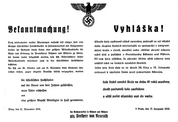 Vyhláška říšského protektora v Čechách a na Moravě Konstantina svobodného pána von Neurath o uzavření českých vysokých škol ze dne 17. listopadu 1939.